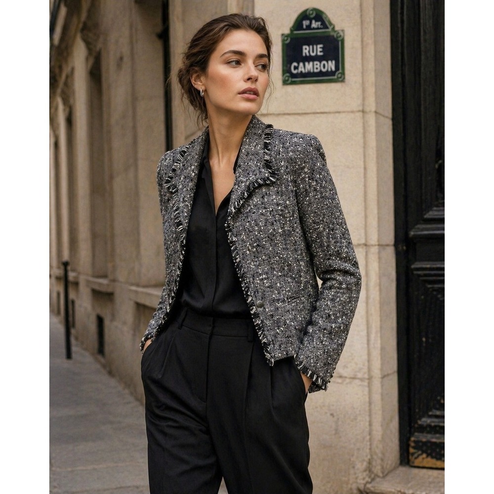 Banu Paris Tweed Blazer Womens 10 Grey Fringe Trim Single Button